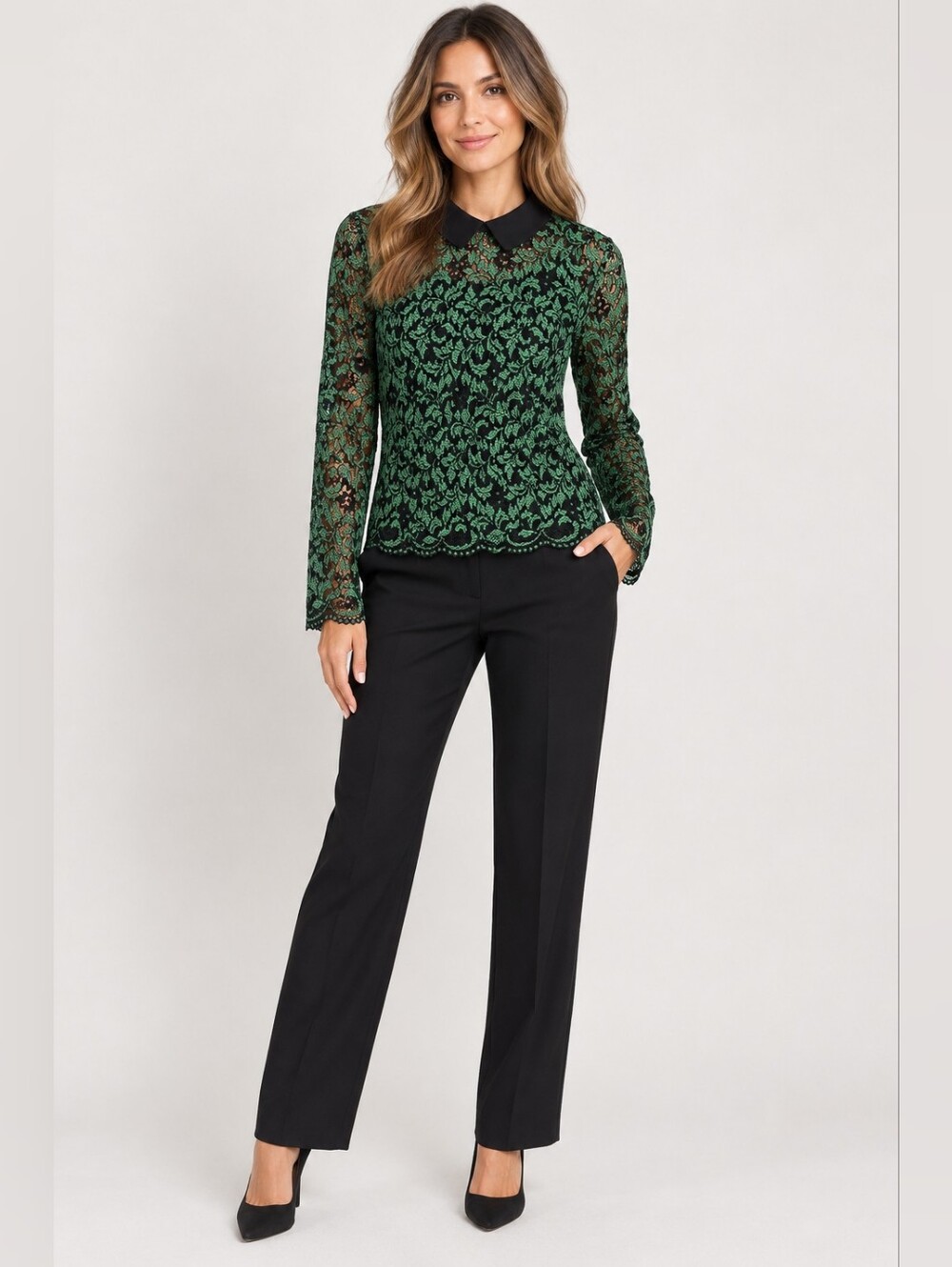 Zara Woman Green & Black Floral Lace Blouse